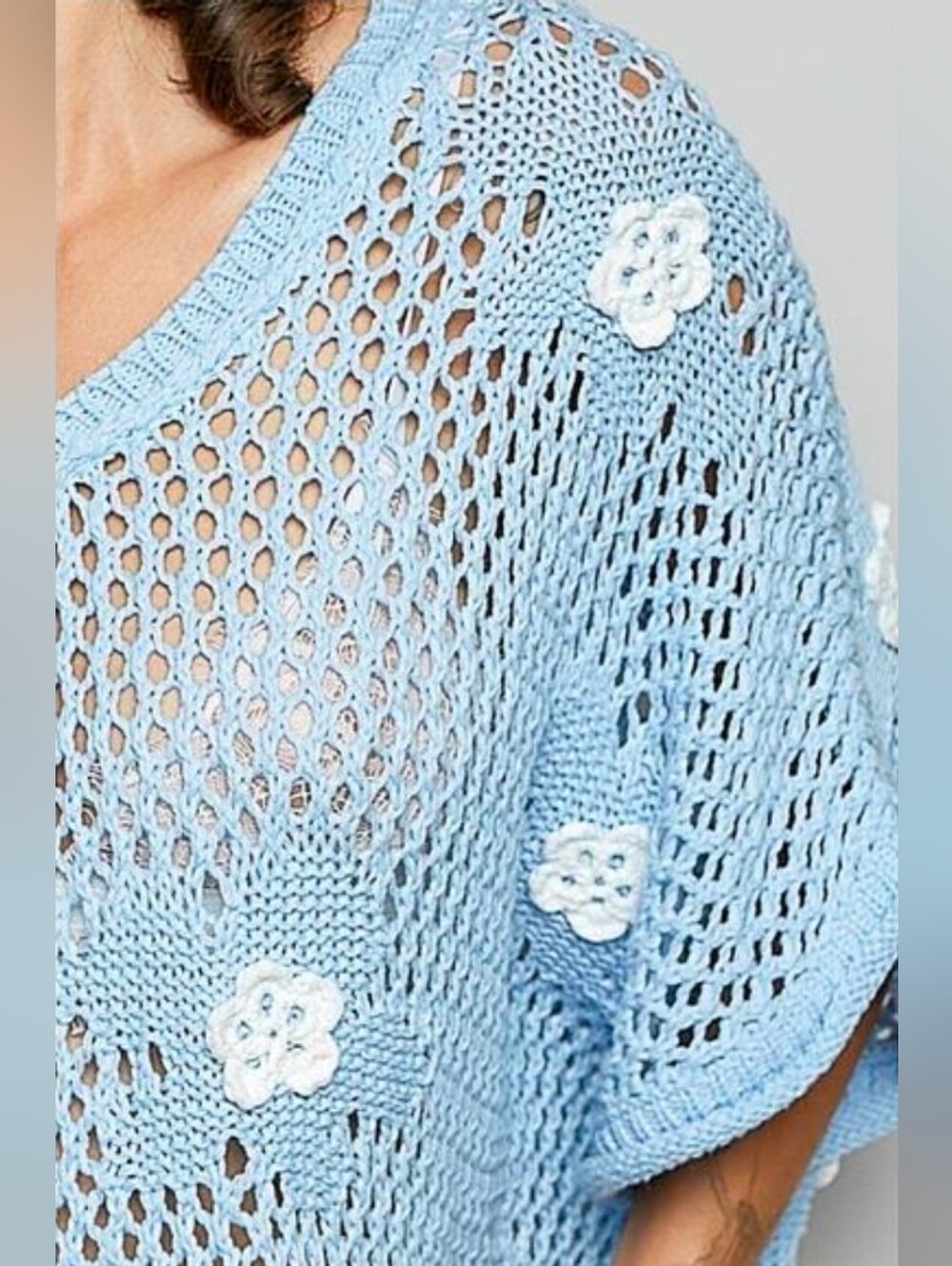 POL"Bloomin Filly" Floral Patch Open Sweater Top Sky Blue Sz S - Picture 9 of 10